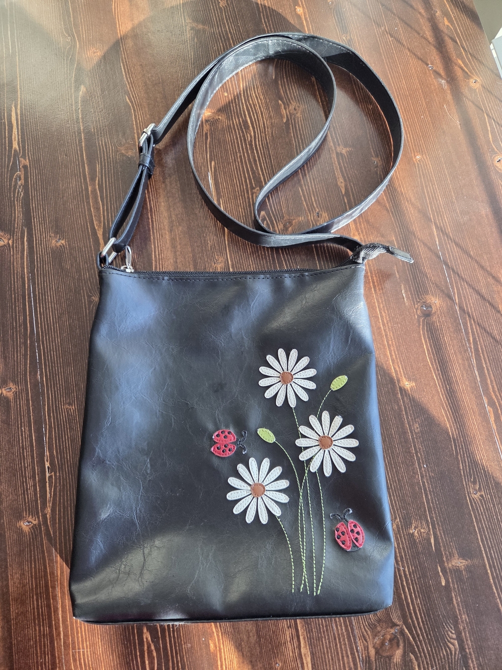 Black Crossbody Bag with Daisy & Ladybug Embroidery